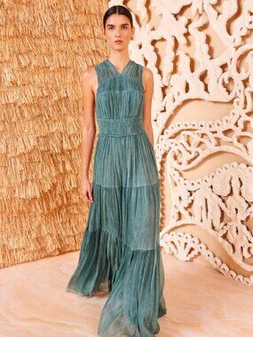 NWOT ULLA JOHNSON Freesia Crinkle Silk Chiffon Maxi Gown in Kelp S $990